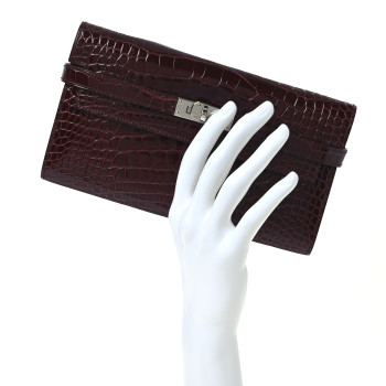 HERMES Shiny Alligator Kelly Longue Wallet Bourgogne
