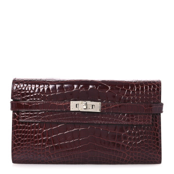 HERMES Shiny Alligator Kelly Longue Wallet Bourgogne
