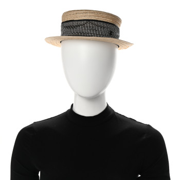 CHANEL Straw Grosgrain Ribbon Hat M Beige Black