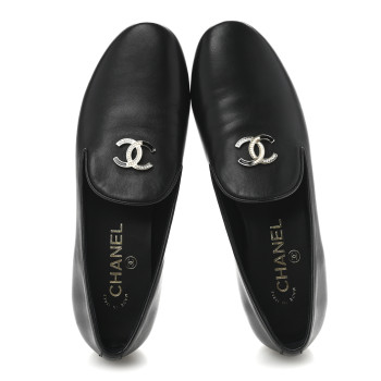 CHANEL Enamel Pearl Crystal Lambskin Womens CC Mocassin Loafers 38 Black