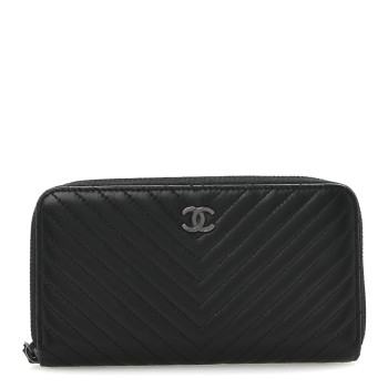 CHANEL Lambskin Chevron Quilted Zip Around Wallet Black
