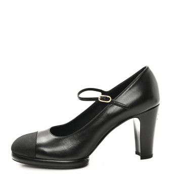 CHANEL Goatskin Grosgrain Cap Toe Mary Jane Pumps 39.5 Black