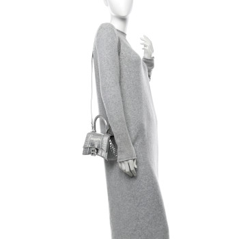 BALENCIAGA Metallic Calfskin Crocodile Embossed Crystal Hourglass Top Handle Bag XS Silver