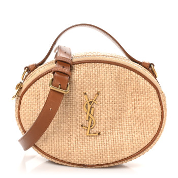SAINT LAURENT Raffia Calfskin Round Camera Bag Golden Ecru Brick