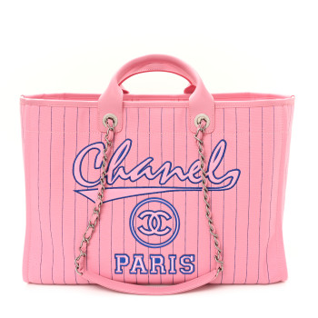 CHANEL Canvas Calfskin Striped Large Deauville Tote Pink Blue