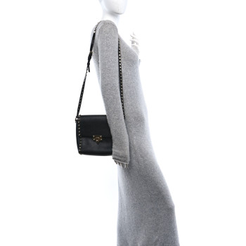 VALENTINO GARAVANI Pebbled Calfskin Rockstud Flip Lock Flap Messenger Black