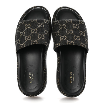 GUCCI Jacquard Black Denim GG Monogram Angelina Platform 55mm Slide Sandals 37 Black Ivory