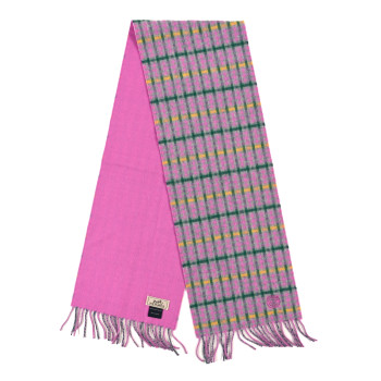 HERMES Cashmere H Ecossais Recto Verso Muffler Rose Vert Jaune