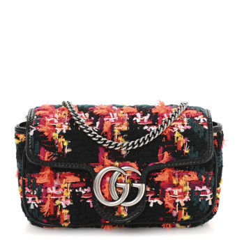 GUCCI Tweed Calfskin Check Poule Super Mini GG Marmont Shoulder Bag Pink Petroleum Multicolor Black