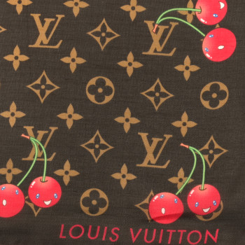 LOUIS VUITTON LV X TM Silk Cotton Monogram Cerises Square Scarf 55 Brown