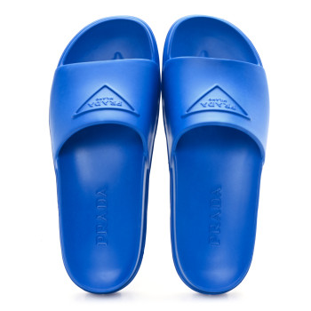 PRADA EVA Rubber Triangle Logo Embossed Womens Lug Sole 20mm Slide Sandals 37 Azzurro