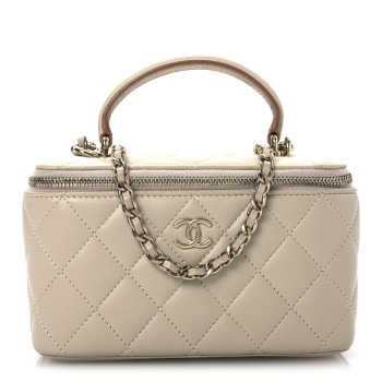 CHANEL Lambskin Quilted Small Top Handle Vanity Case With Chain Ecru Dark Beige
