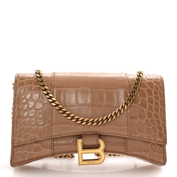 BALENCIAGA Shiny Calfskin Crocodile Embossed Hourglass Wallet on Chain Nude Beige