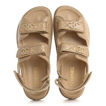 CHANEL Crumpled Shiny Lambskin Velcro Dad Sandals 40 Beige