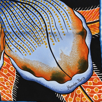 HERMES Silk Baobab Cat Scarf 45 Black Jaune Bleu