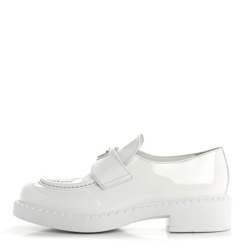 PRADA Vernice Metal Triangle Logo 50mm Loafers 39.5 White