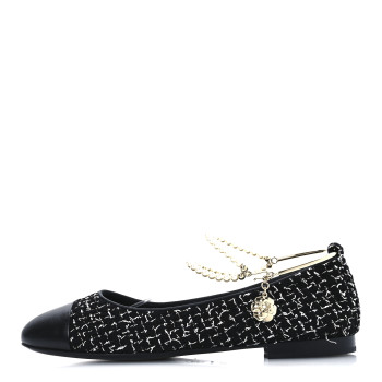 CHANEL Tweed Lambskin Cap Toe Ankle Chain Ballerina Flats 39.5 Black White