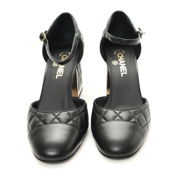 CHANEL Lambskin Quilted Cap Toe Mary Jane Pumps 39.5 Black