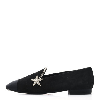 CHANEL Suede Calfskin Grosgrain Crystal Star Mocassin Loafers 38 Black