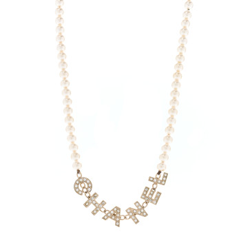 CHANEL Pearl Crystal CC Logo Short Necklace Gold