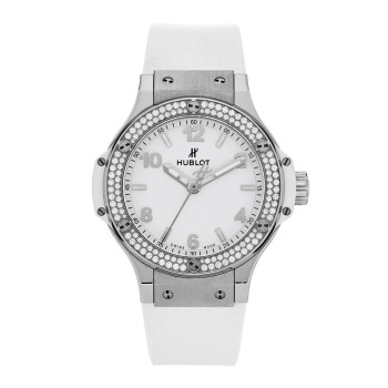 HUBLOT Stainless Steel Rubber Diamond Pave Bezel 38mm Big Bang Quartz Watch White 361.SE.2010.RW.1104