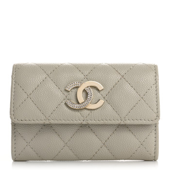 CHANEL Caviar Quilted Crystal CC Flap Card Holder Grey