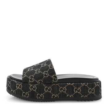 GUCCI Jacquard Black Denim GG Monogram Angelina Platform 55mm Slide Sandals 37 Black Ivory