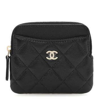CHANEL Caviar Quilted Zip Card Holder Wallet Black