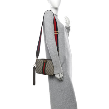 GUCCI GG Supreme Monogram Textured Dollar Calfskin Web Ophidia Wristlet Shoulder Bag Beige Ebony New Acero