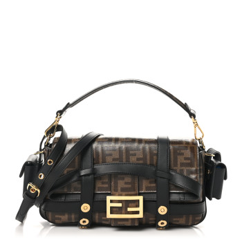 FENDI Glazed Fabric Vitello Century FF 1974 Large Baguette Cage Mogano Panna Black