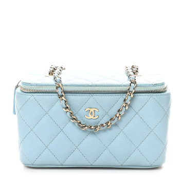 CHANEL Caviar Quilted Small Tiny CC Vanity Case With Chain Light Blue