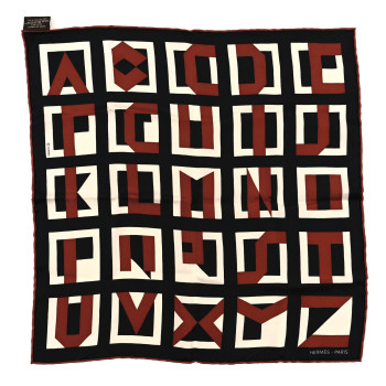 HERMES Silk Lettres Au Carre Scarf 45 White Black Marron