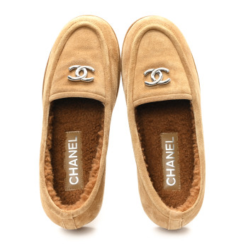 CHANEL Suede Calfskin CC Loafers 37 Dark Beige