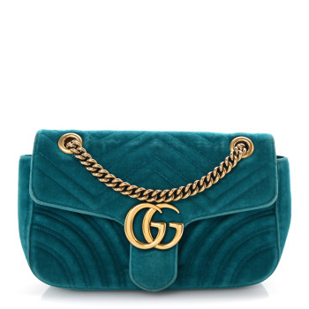 GUCCI Velvet Matelasse Small GG Marmont Shoulder Bag Pavone Cyan