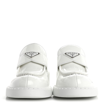 PRADA Vernice Metal Triangle Logo 50mm Loafers 39.5 White