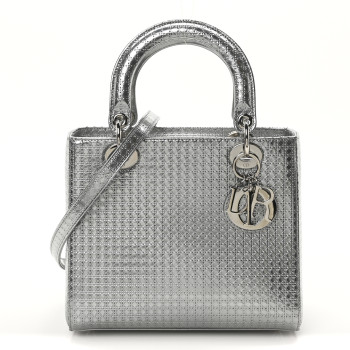 CHRISTIAN DIOR Metallic Patent Micro-Cannage Medium Lady Dior Silver