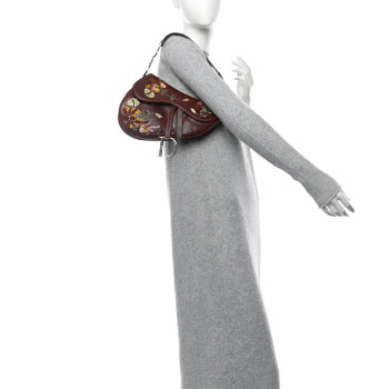 CHRISTIAN DIOR Calfskin Embroidered Romantic Flowers Saddle Bag Brown