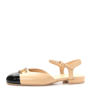 CHANEL Lambskin Patent Cap Toe Crystal Enamel CC Mary Jane Slingback Flats 39 Beige Black