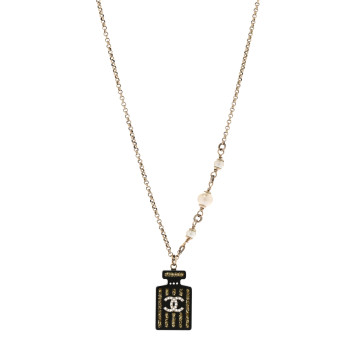 CHANEL Resin Strass Pearl Perfume Bottle CC Necklace Black Gold
