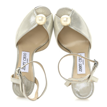 JIMMY CHOO Metallic Suede Pearl Sacora 85 Sandals 36 Champagne