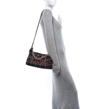 CHANEL Tweed Calfskin Signe Hobo Navy Multicolor