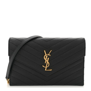 SAINT LAURENT Grain De Poudre Matelasse Chevron Monogram Envelope Chain Wallet Black