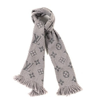 LOUIS VUITTON Wool Silk Logomania Scarf Pearl Grey