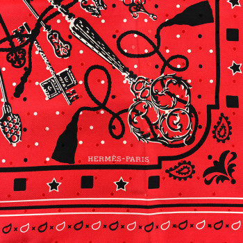 HERMES Silk Les Cles Bandana Scarf 55 Rouge White Black