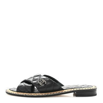 CHANEL Lambskin Quilted Chain CC Sandals 39 Black