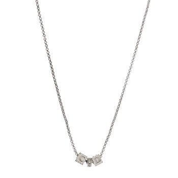 CHRISTIAN DIOR Crystal CD Cube Pendant Necklace Silver