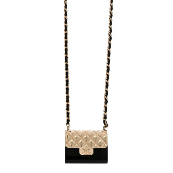 CHANEL Metal Resin Lambskin Flap Bag Long Necklace Gold Black