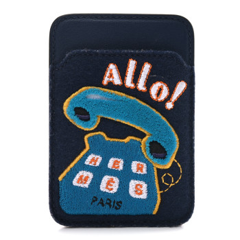 HERMES Feutre Swift Embroidered Allo! MagSafe Card Holder Bleu Navy Multicolore
