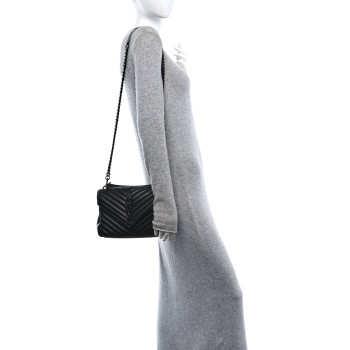 SAINT LAURENT Sheepskin Matelasse Chevron Monogram Monochrome Medium College Bag Black