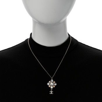CHANEL Crystal CC Drop Pendant Necklace Silver